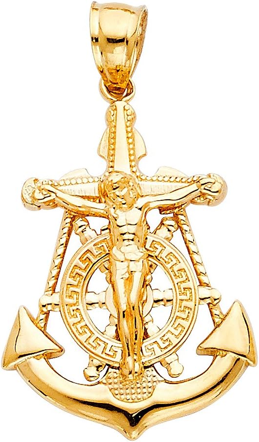 Solid 14K Yellow Gold Mariner Crucifix Pendant, 31mm x 17mm Jesus Christ Anchor Cross, Nautical Design