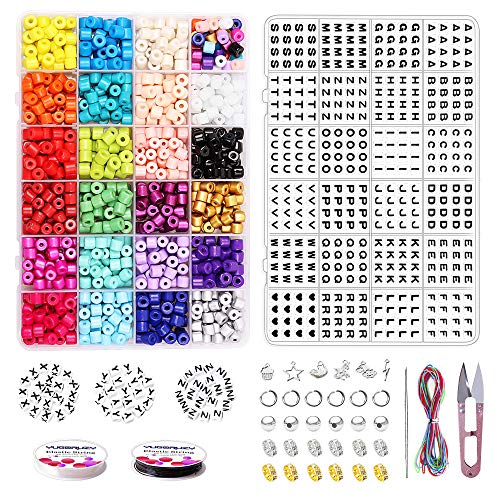 Bracelet Beads kit, 6mm Big Glass Pony Beads with 540pcs A-Z Alphabet Letter Beads,Rondelle Spacer Beads,Open Jump Rings,Pendant,Scissors and Elastic String for Jewelry Necklace Making