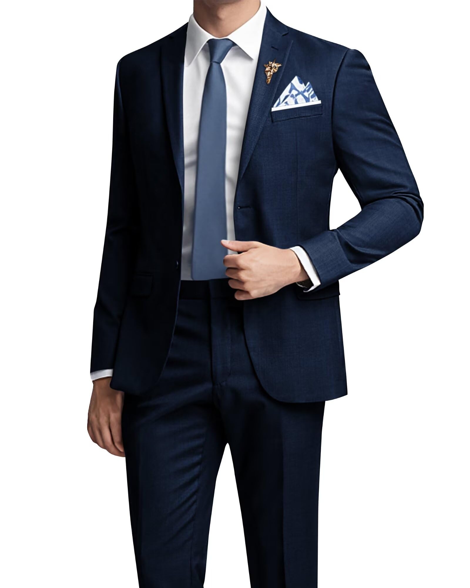 LanshionMens Suits Slim Fit 2 Piece Wedding Prom Tuxedo Classic Blazer Jacket Pants Set, Navy Blue, L