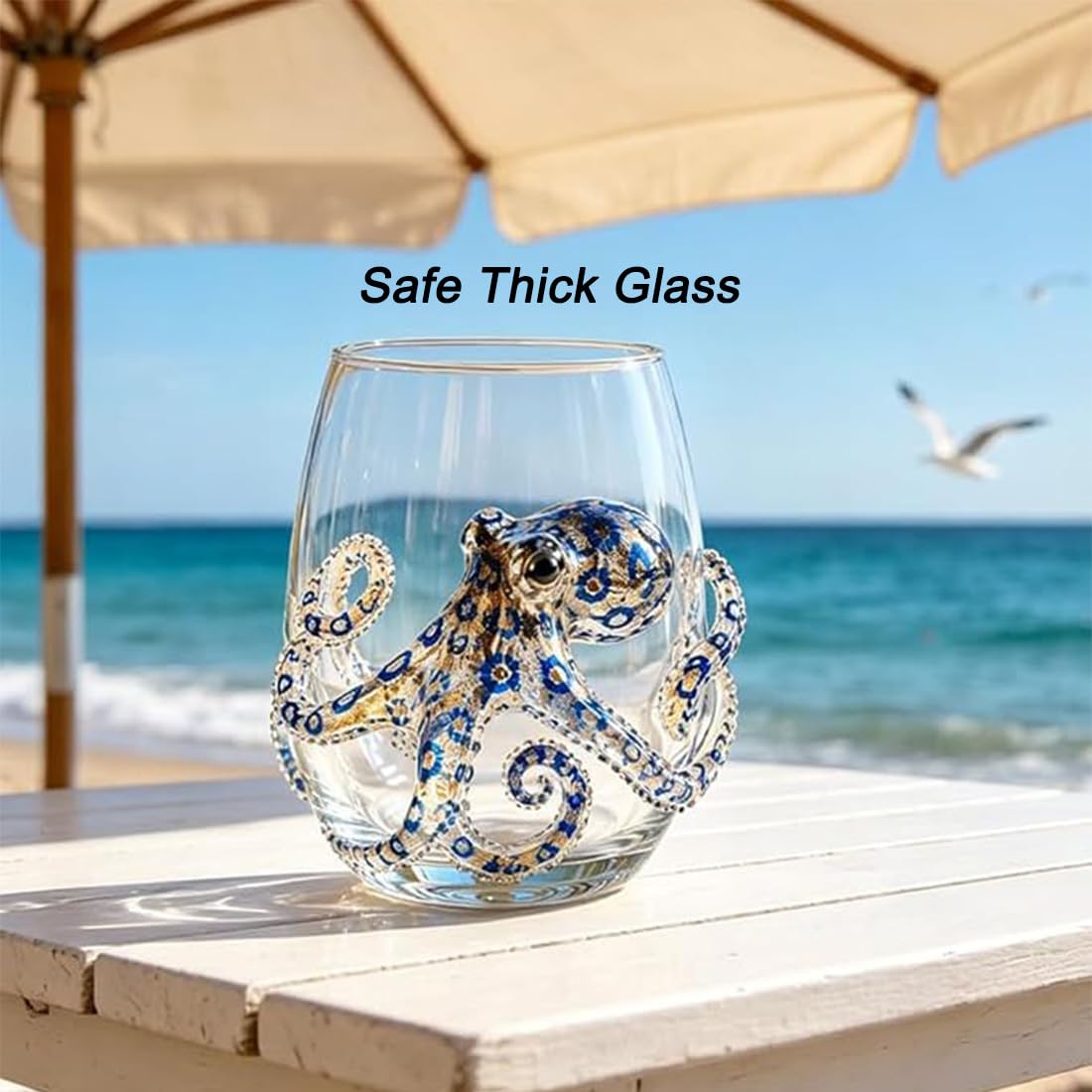 Genérico Cristalería artesanal con diseño de pulpo azul anillado, vaso de bar con forma de pulpo marino y cuchara, vaso de bar artesanal con diseño de animal marino para amantes del océano. (A2)