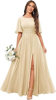 Short Sleeves Bridesmaid Dresses Long Ruffle Chiffon Fall Formal Dress for Women