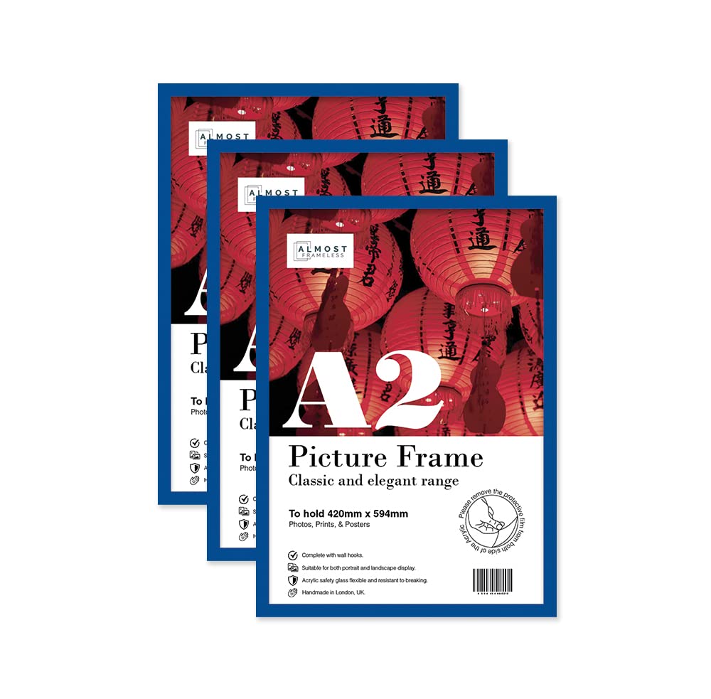 Almost Frameless Blue A2 Picture Frame Set Of 3, Display A2 Picture Gallery Wall, Poster, Photo, Artwork, Or Print,