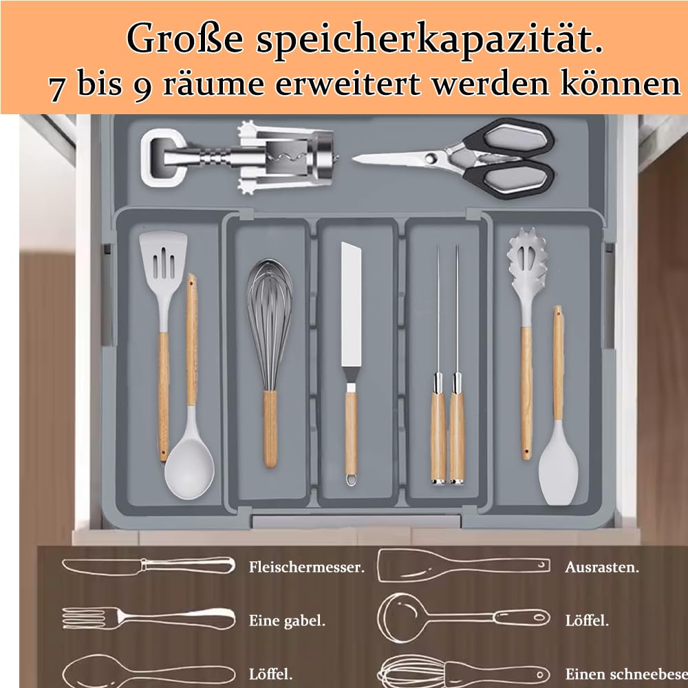 Portaposate da Cassetto Espandibile, Portaposate da Cassetto, Organizzatori per Cucina, con Supporto per coltelli Rimovibile, per Cucchiai, Forchette e Coltelli, Grande (Grigio)