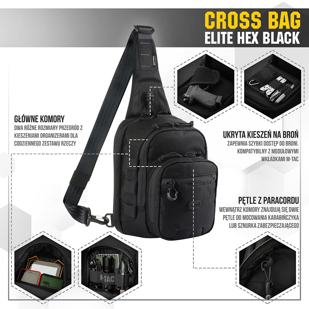 M-Tac Cross Bag Elite wielofunkcyjna torba typu sling do aktywności na świeżym powietrzu, wędrówek, uprawiania sportu, Multicam Black/Black