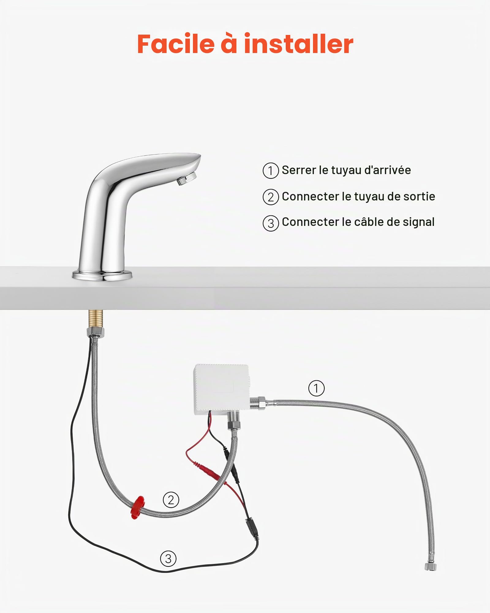VEVOR Robinet Automatique sans Contact, Mitigeur de Lavabo à Capteur de Mouvement, Robinetterie d'Eau Froide, Fonctionne sur Piles, pour Tuyau de 9,5 mm, Bar Cuisine Salle de Bain, Chromé Argenté