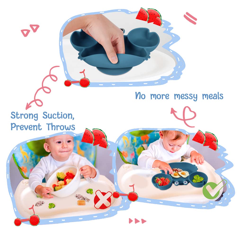 Vicloon Piatto per Bambini in Silicone, Piatto con Ventosa per Bambini, Piatto Svezzamento senza BPA, Piatti Divisi per Bambini Adatto alla Maggior Parte dei Tavoli e Seggioloni, Blu Navy