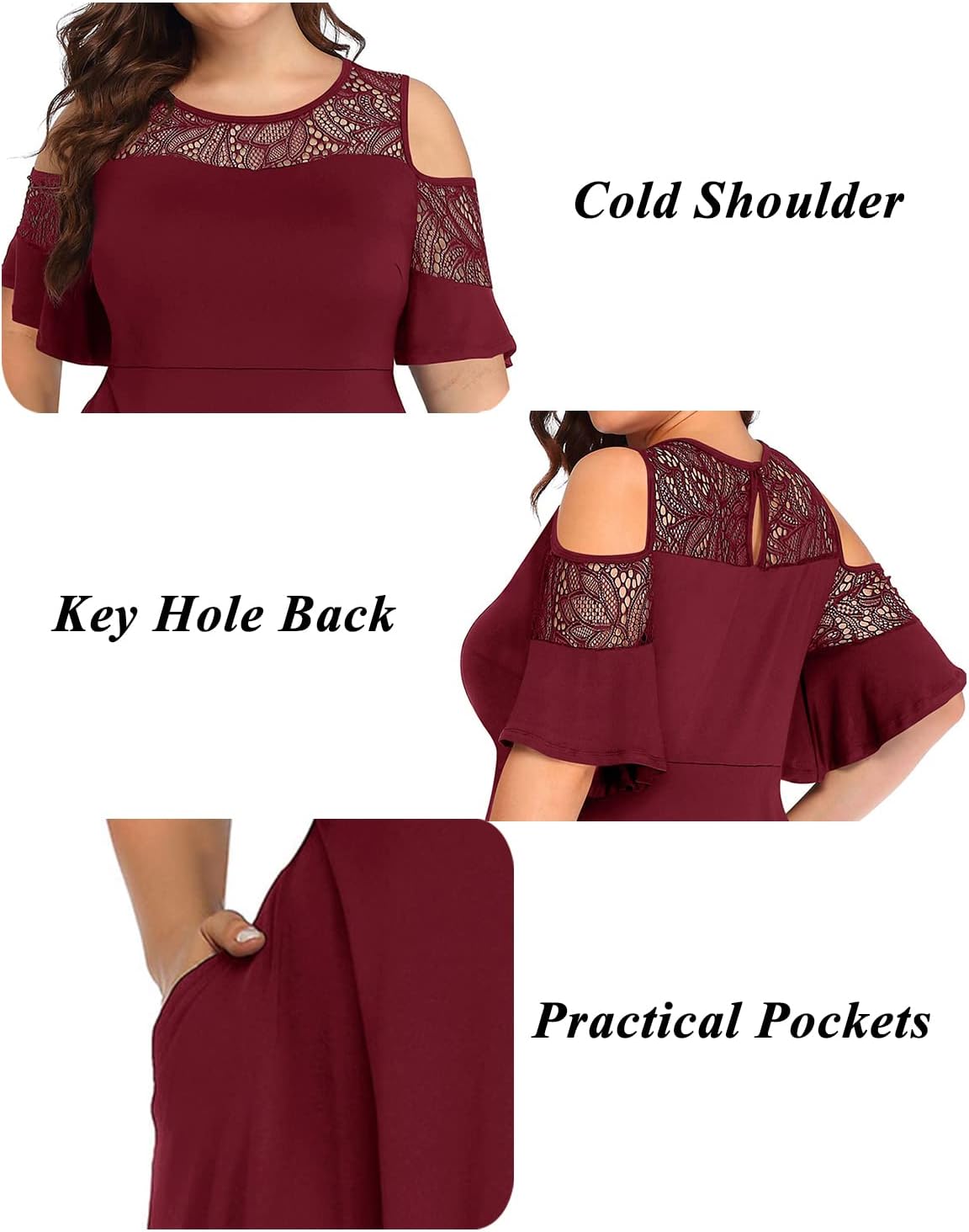 Plus Size Cocktail Dress - Graduation Cold Shoulder Lace Midi Dresses with Pockets - Image 5