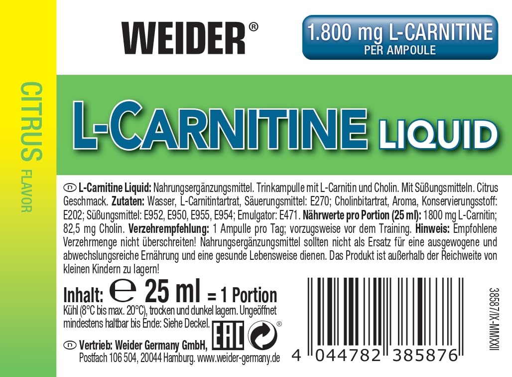 l carnitine weider Weider L-Carnitine Liquid - Drinking Ampoules with 1800 mg Carnipure L- Carnitine - With Choline for Normal Lipid Metabolism - 20 x 25 ml - Citrus:  Buy Online at Best Price in UAE