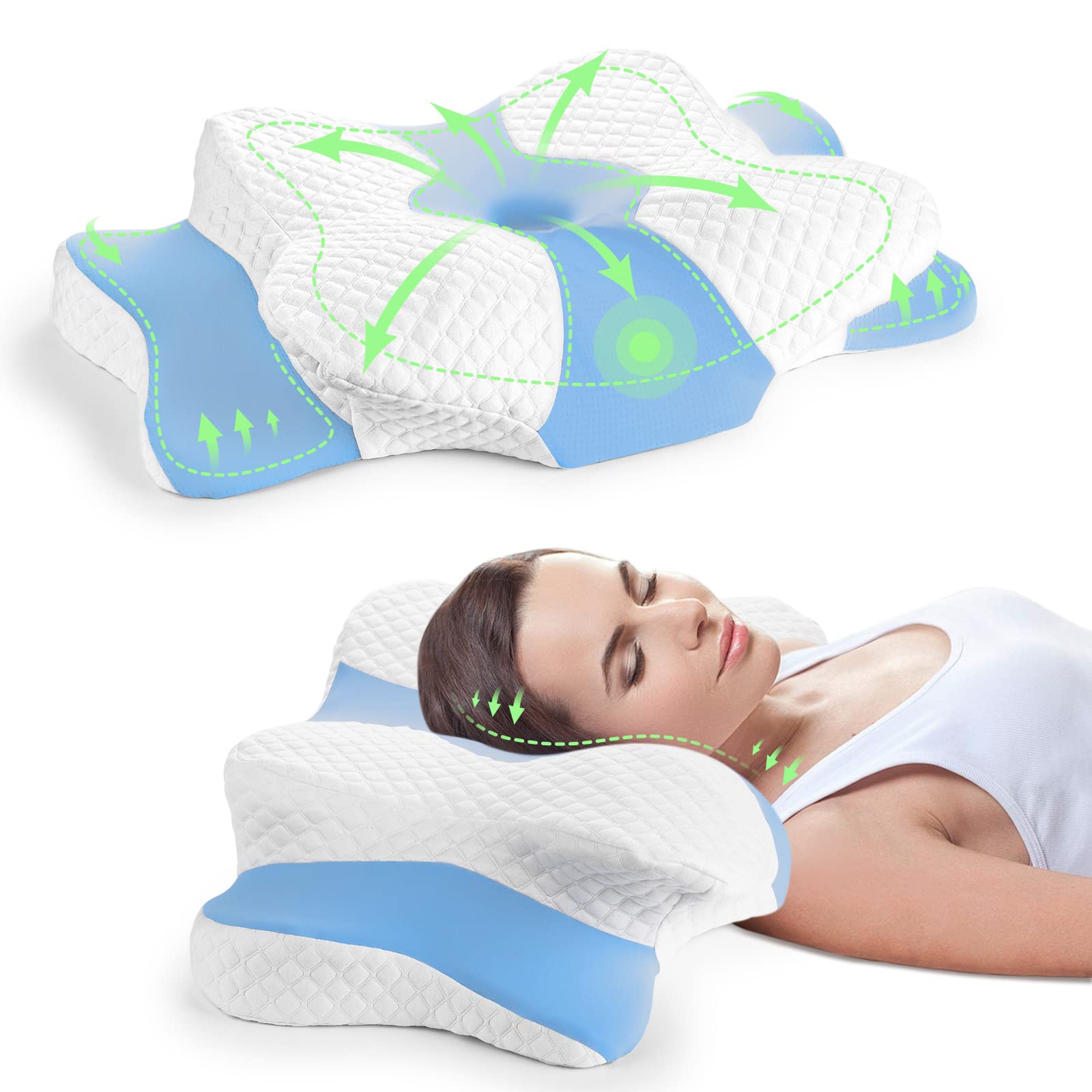 Photo 1 of **USED** Househerb Memory Foam Cervical Pillow, Multifunctional Ergonomic Contour Pillows, Orthopedic Pillow for Neck and Shoulder Pain Relief, Washable Pillowcase, for Side Back Stomach Sleepers Blue
