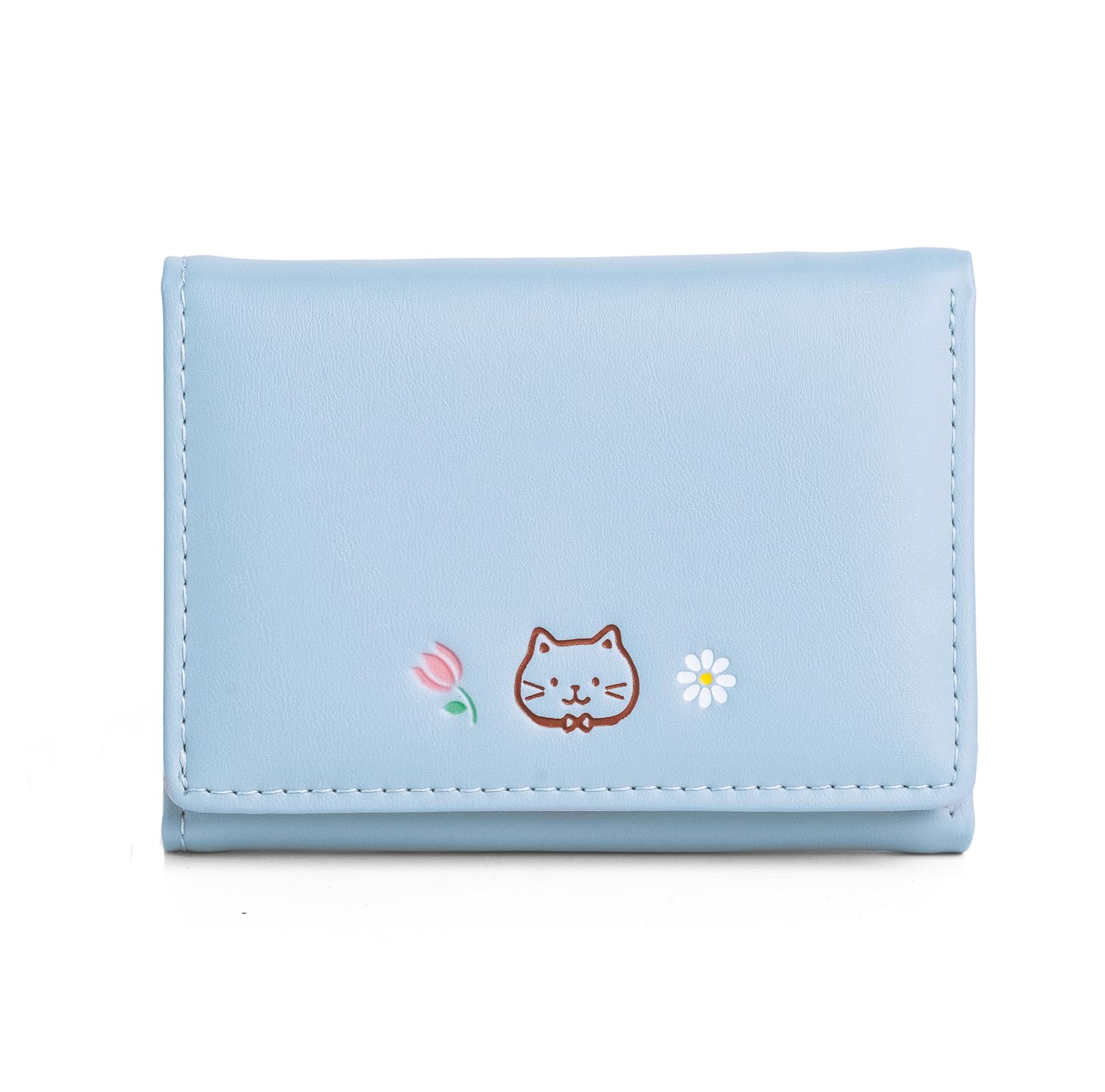 Wallets for Women, Girls - Stylish Faux Leather Trifold Cash, Coin, Cards Holder Purse |Mini Cute Cat Pattern Small Hand Wallet (Light Blue)-image-3