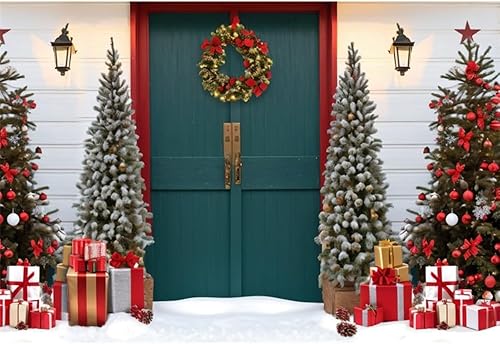 Telón de fondo de Navidad de 10 x 8 pies (118.1 x 94.5 in), para fotografía, rústico, casa de campo, puerta de granero, árboles de Navidad,