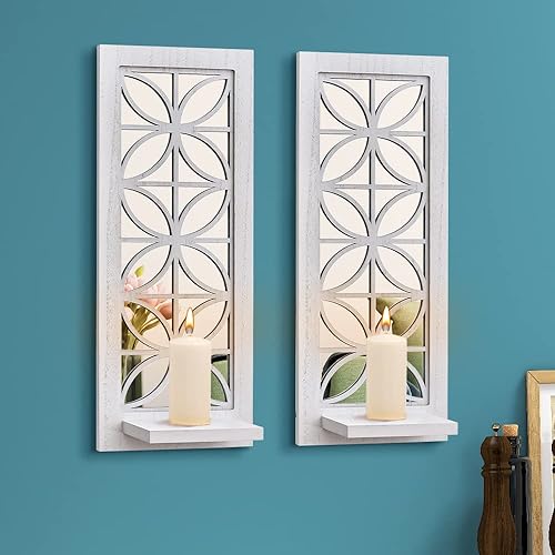 Miniatura 7 de Juego de 2 candelabros de pared con espejo, portavelas decorativo de madera, candelabro rústico, decoración de pared de sala de estar negra