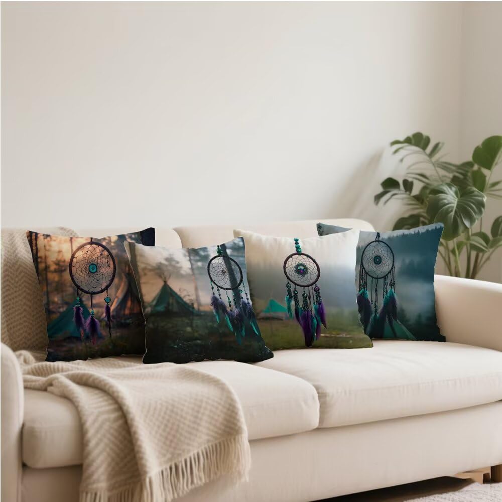 Set di 4 Cuscini per Divano 75x75cm Lino Cuscini da Esterno Impermeabili Cacciatore di sogni tenda Cuscino Moderno Quadrato Autunno per Decorativi Patio, Giardino, Veranda, Panca, Divano d-51