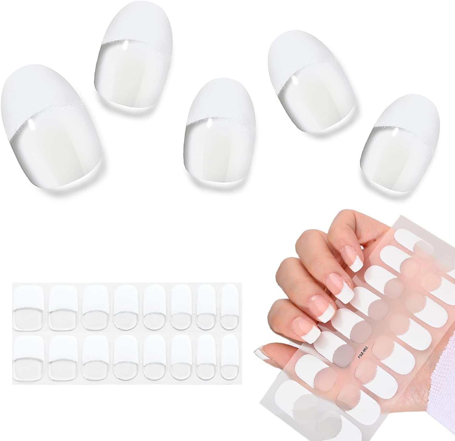 Yamobi 16 stuks French nail stickers met gouden randje, zelfklevende UV gel stickers voor French manicure, makkelijk aan te brengen gel nail tips voor DIY nail art