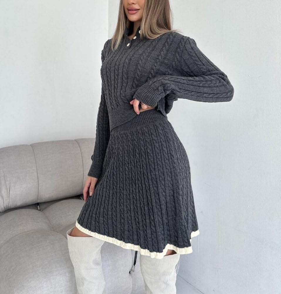 chouyatou Women's Cable Knit 2 Piece Outfits Long Sleeve Polo Sweater and Elastic Waist Pleated Mini Skirt Sets - Image 3