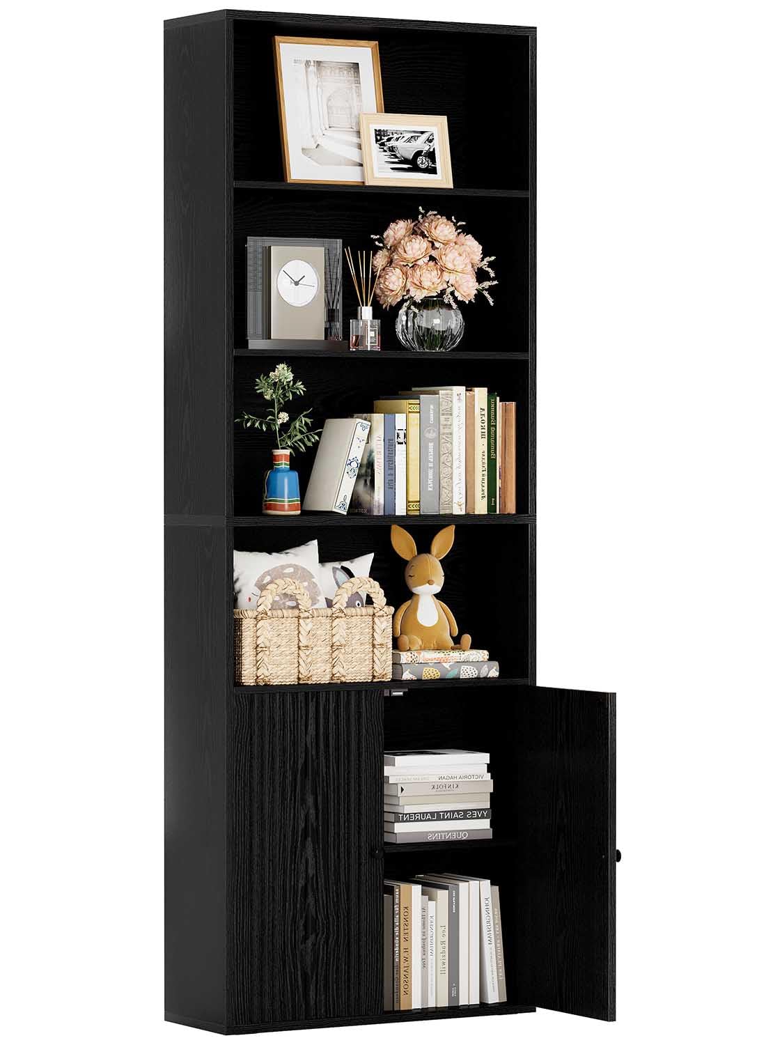 IRONCK Bibliothèque avec Portes - Étagère sur Pied à 6 Niveaux - Étagère en Bois avec Portes - Étagère de Rangement Ouverte pour Bureau, Salon, Chambre à Coucher - 180 x 60 x 23,5 cm - Noir