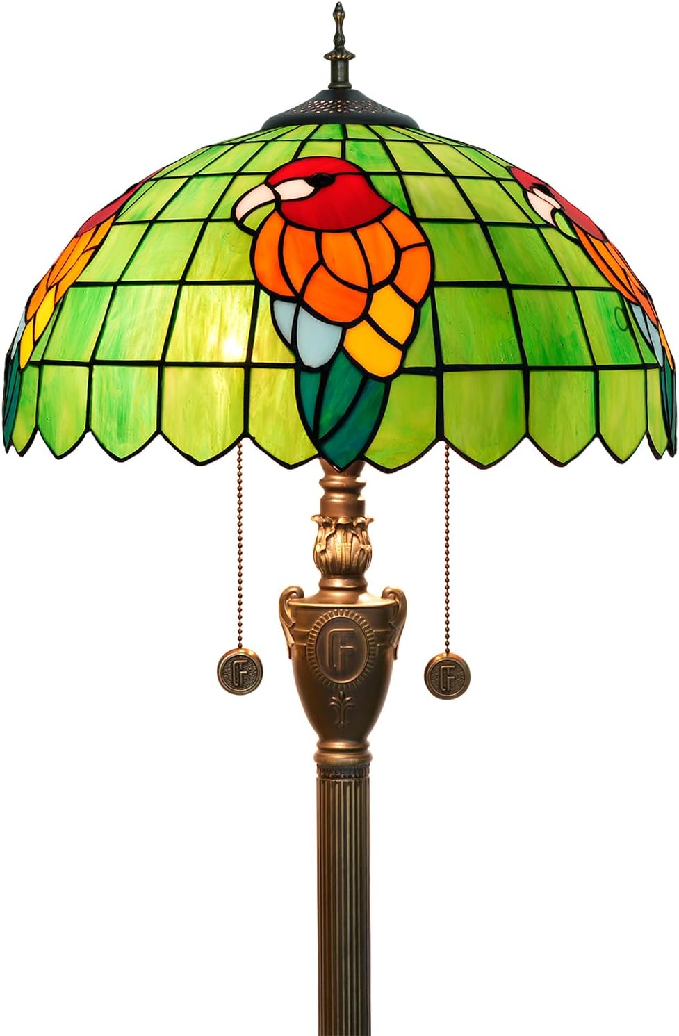Tiffany Parrot Green Floor Lamp Stained Glass lamp for Living Room Bedroom Office Bright Lighting Rustic Corner Decor Standing Tall Unique Vintage Reading Aesthetic Light