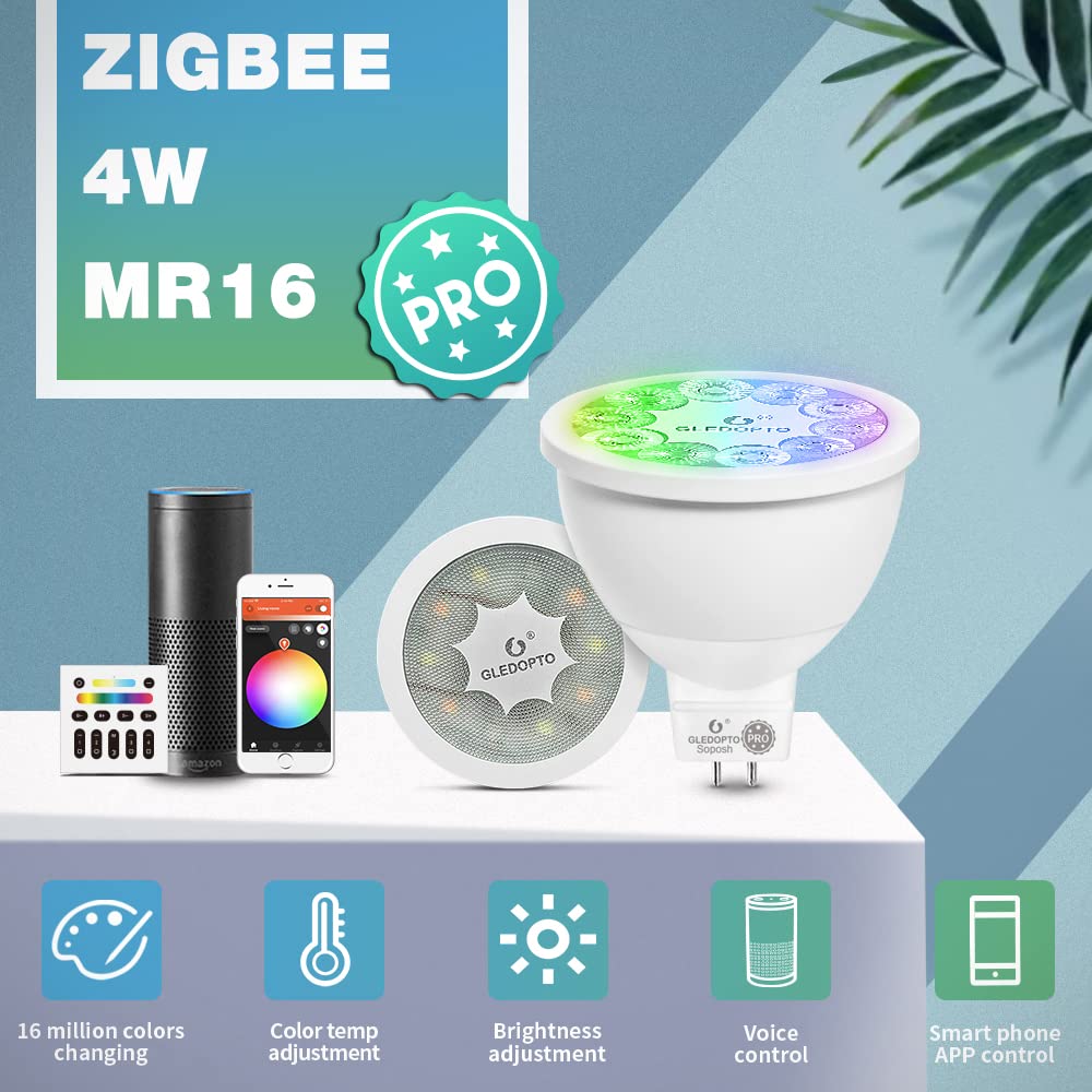 GLEDOPTO ZIGBEE3.0 GU5.3 Spot Intelligent LED 4W MR16 RGBCCT RGBWW Ampoule AC/DC12V Angle De Faisceau 120° RF Contrôlé Commande Vocale APP Compatibilité Avec TUYA/SmartThings Echo Plus