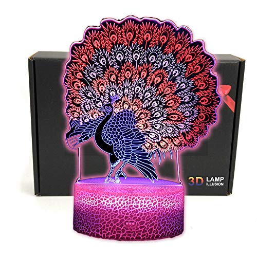 TriPro Peacock 3D Illusion LED Room Desk Decor Lamp Night Light with 3 Colors Touch Button Bedroom Decorations Gifts for Girls, Men, Women,Kids, Teens