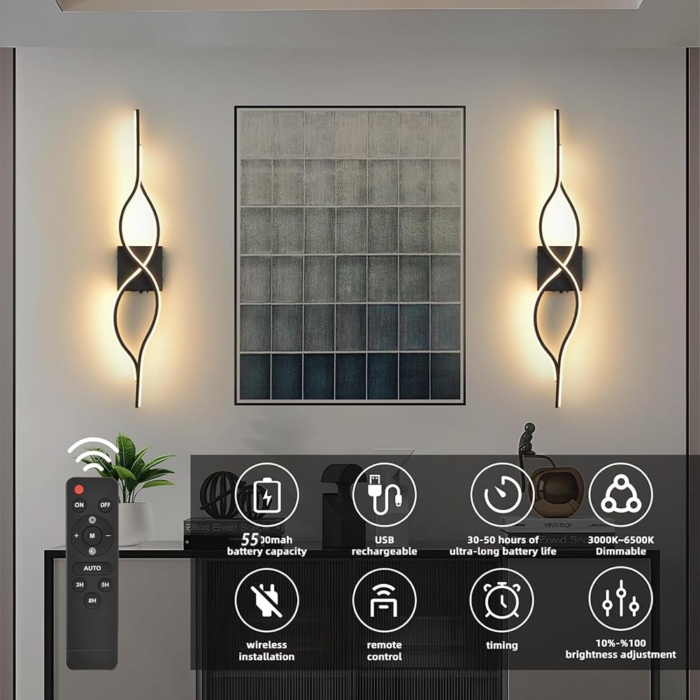Aplique de Interior LED Recargable sin Conexión Eléctrica con Mando a Distancia Lámpara Moderna para Salón con Temporizador Iluminación de Pared Inalámbrica Interruptor Táctil 80cm,2 stück
