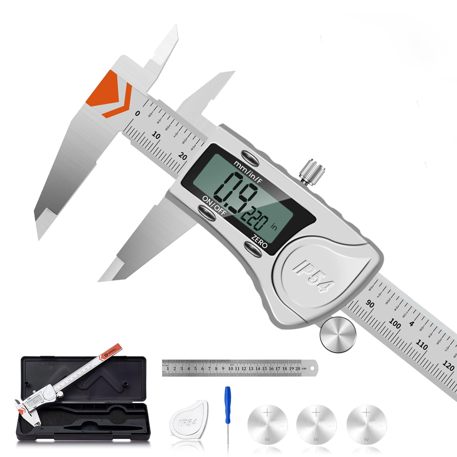 HARDELL Digital Caliper, IP54 Waterproof Caliper Measuring Tool with 3-Batteries & Extra Cover, All Stainlee Steel Vernier Caliper Digital Micrometer, Inch/MM/Fraction for DIY/Household/3D-printing