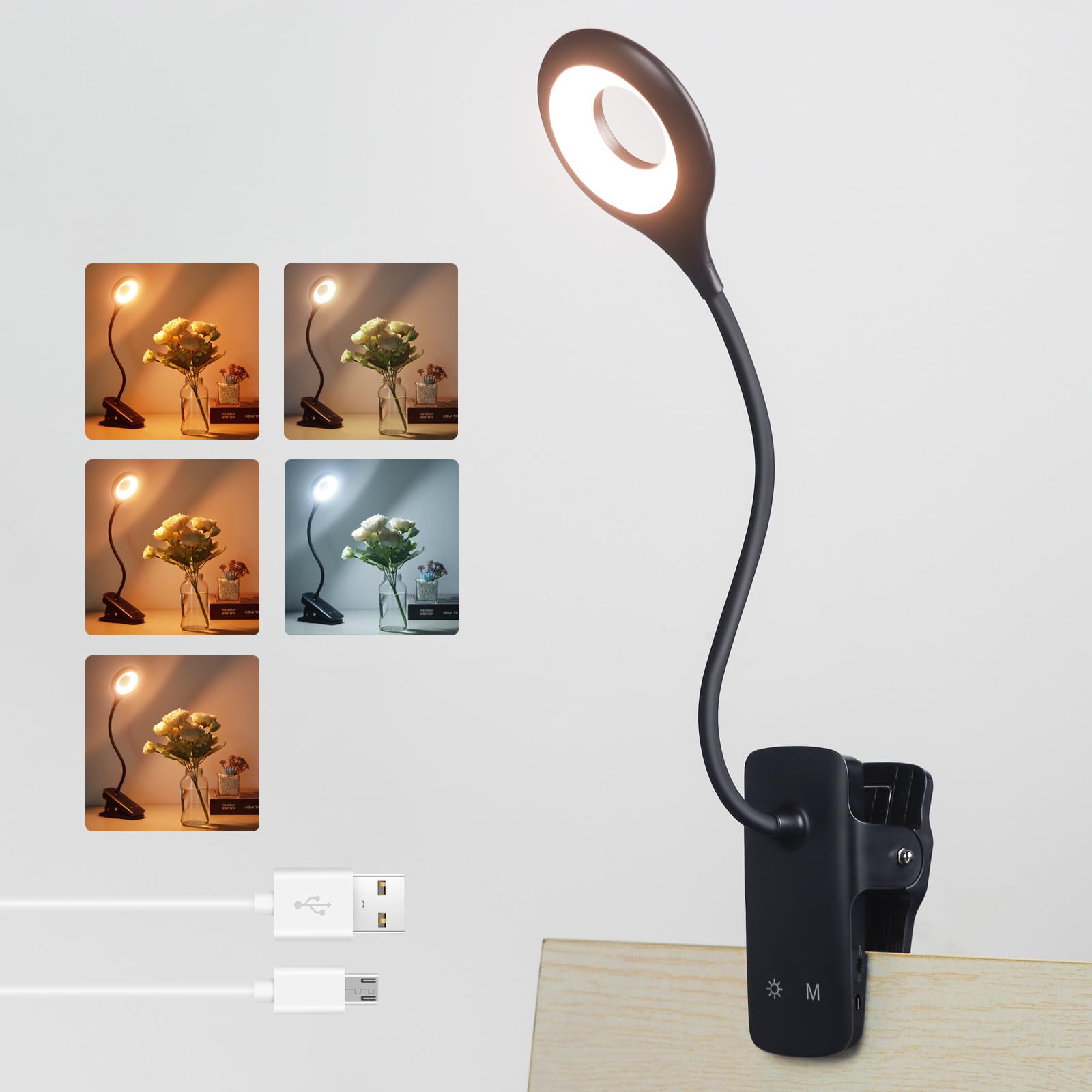 Akynite 3W Luz Lectura Cama Recargable sin Cable, 5 Colores y 5 Intensidad, 28 LEDs, Flexo LED Pinza para Niño, Luz Escritorio Pequeña Táctil con Pilas, Luz LED Portatil, Negra