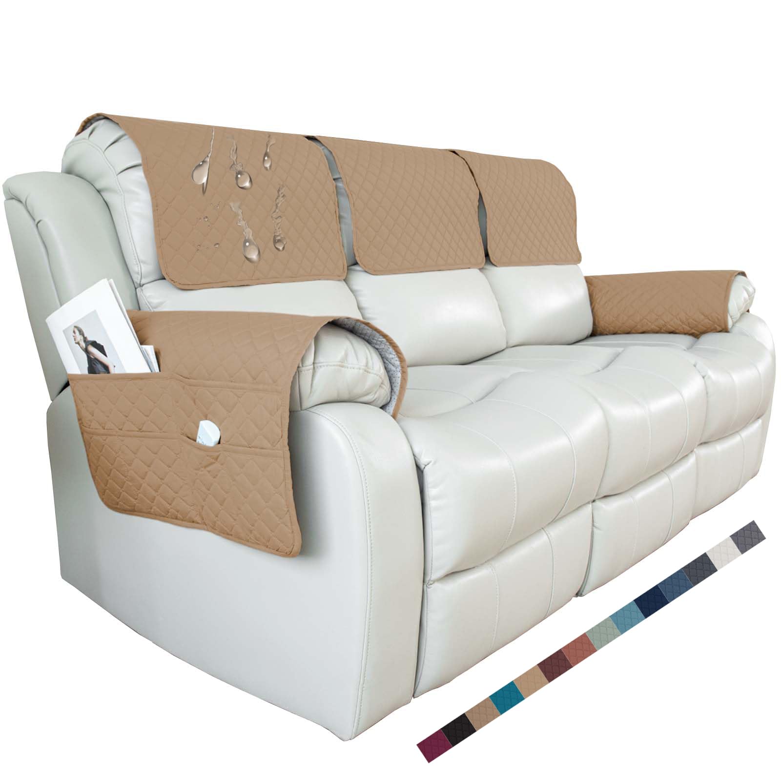 GYHH Recliner Armchair Covers, Quilted Reclining Armchair Slipcovers for Arms, Waterproof Sofa Arm Non Slip Armrest Couch Arm Rest Cover for Furniture Protector (Khaki,3 Seater)