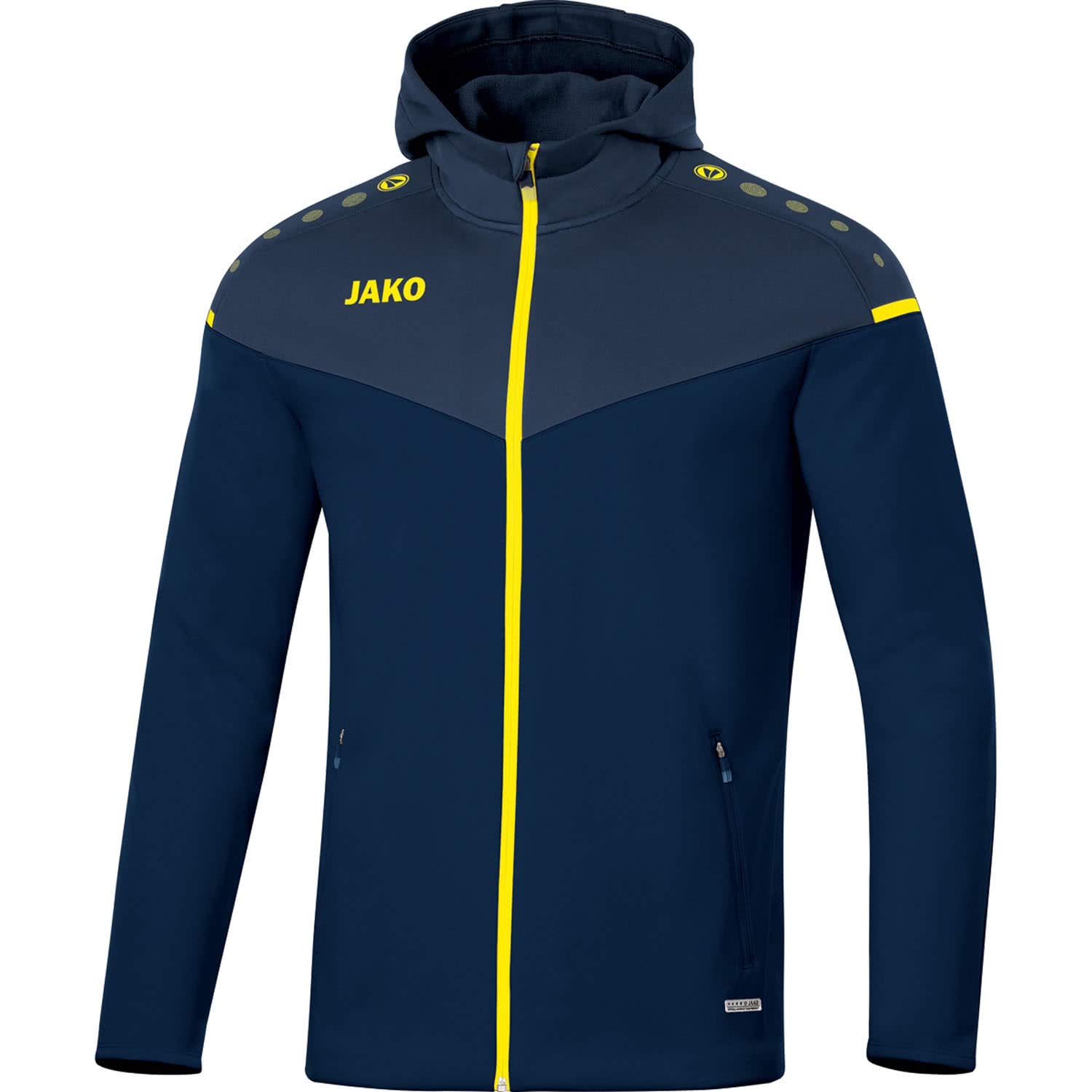 JAKO Women's Champ 2.0 Hooded Jacket, Navy/Dark Blue/Neon Yellow, 34 (EU)