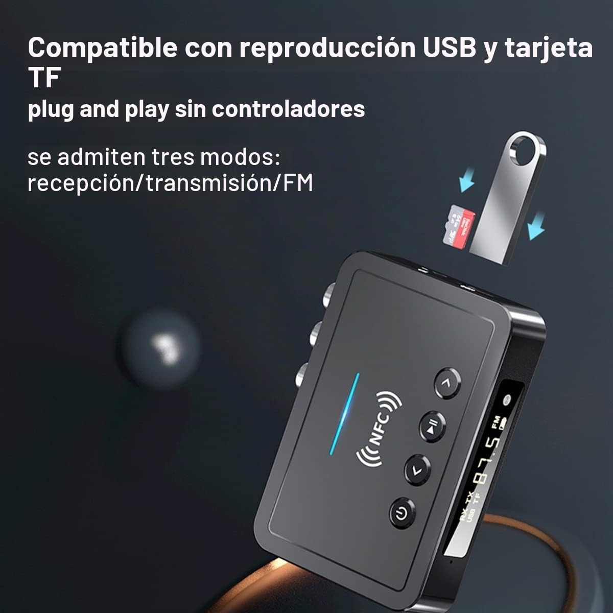 Adaptador Bluetooth 5.0 NFC, Receptor y Transmisor USB 3 en 1 Con Jack 3.5 mm RCA/AUX Para Coche, PC, TV, Teléfonos Inteligentes - Plug and Play