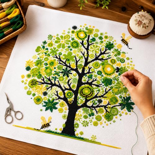Image of Zhenqing Green Tree of Life Stamped Cross Stitch Kit, 11CT Printed Peace Tree with Bees Pattern, 11.8 x 11.8 Inch DIY Embroidery Kit