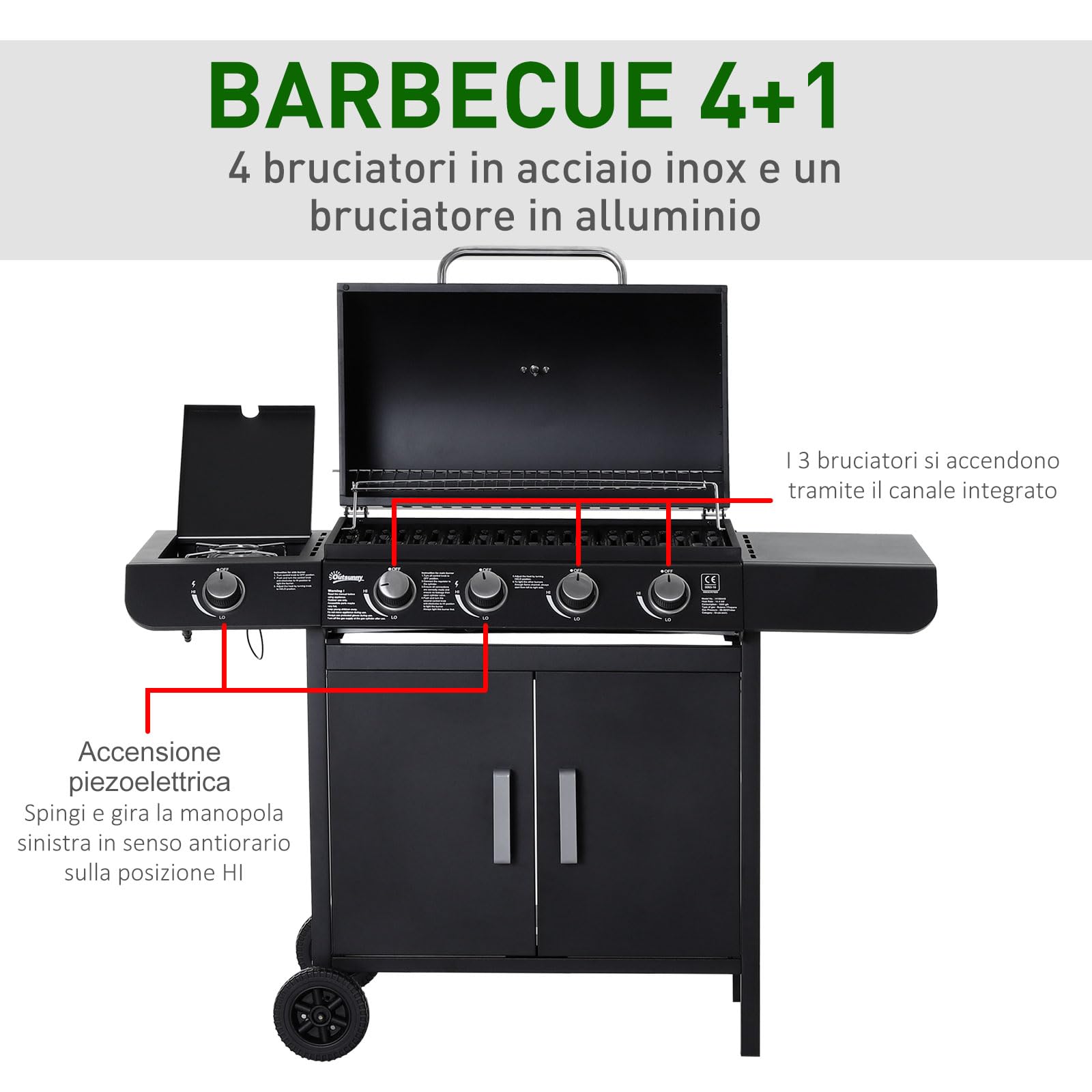 Outsunny Barbecue a Gas 5 Fornelli con Ripiani Laterali e Armadietto, 125x51x100 cm, Nero