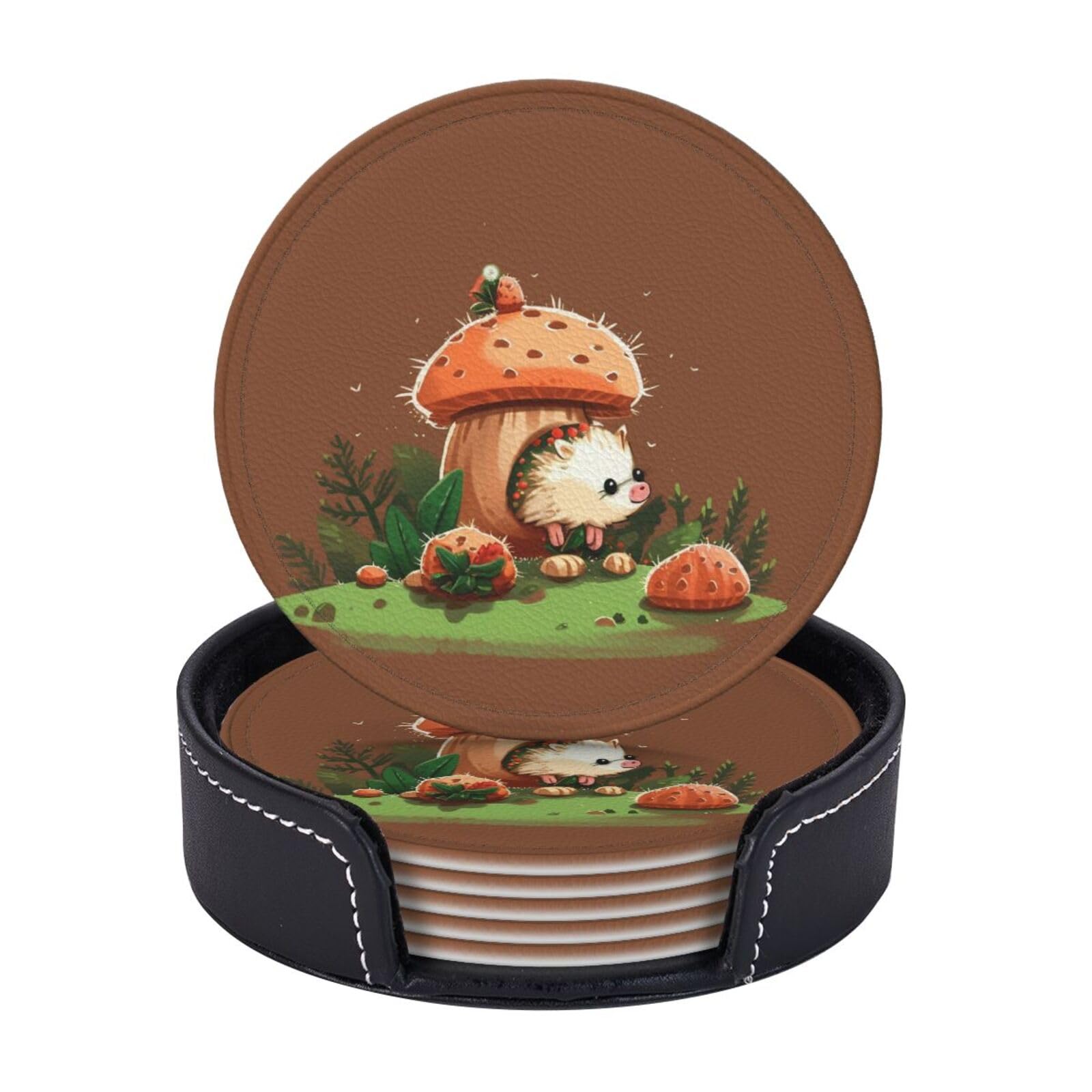 6PCS Drink Coasters with Holder, 4" Leather Coasters for Drinks, Hedgehog and Mushroom Cup Coasters for Coffee Table Decor, Non-Slip Drinking Cup Mat for Hot or Cold Drink