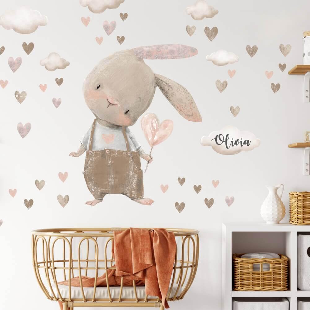 Inspio Sticker Coniglietto con cuore. XXL adesivo da parete . Sticker personalizzato aggiuntivo con il nome. 63 colori tra cui scegliere. Adesivi ad acquerello fatti in pellicola tessile.