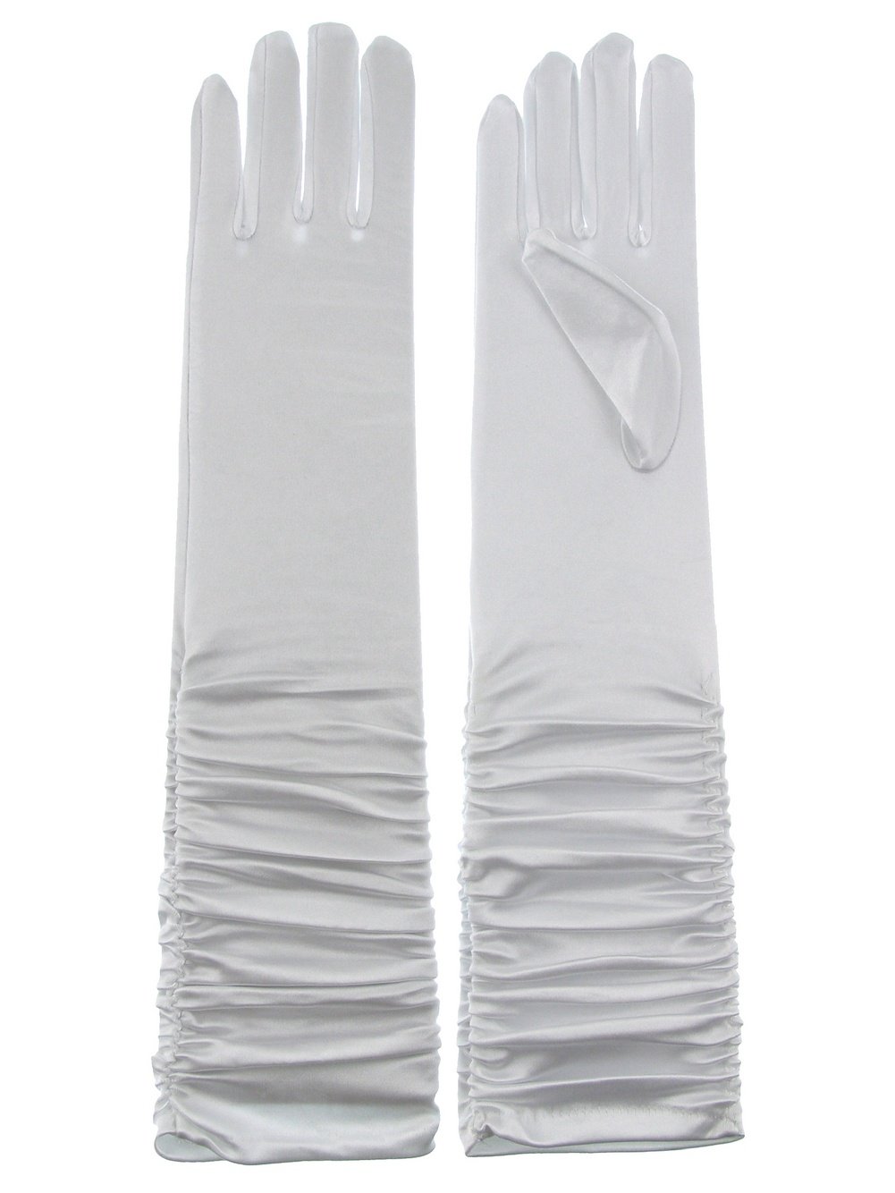 DivaDesigns Elbow Length 16-inch Formal Gathered Arm Shinny Stretchy Satin Gloves White