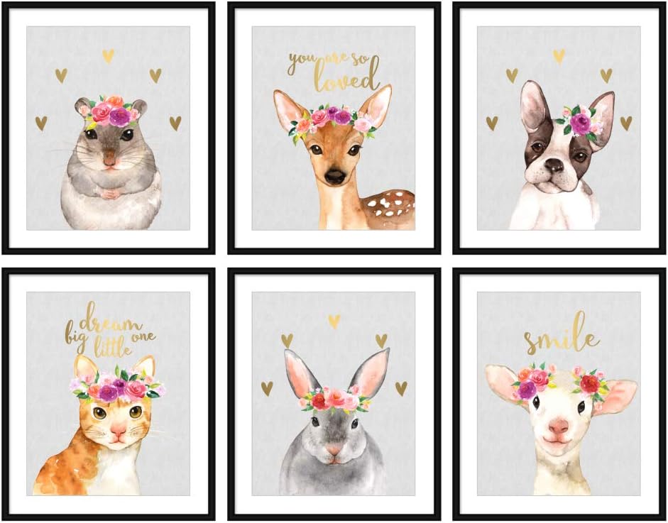Bestbuddy Pet Set of 6 (8X10) Unframed Woodland Animals Hamster Bunny Deer Puppy Dog Cat Kitty Sheep Nursery Wall Art Prints Real Gold Foil Baby Art Print BBPAP017