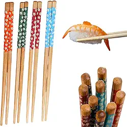 Kit 4 Pares de Hashi Feitos De Bambu Ornamentados Chopstick Design Premium Reutilizável Sustentável Prático Ideal Para Comida Japonesa e Chinesa Pauzinho de Comida Hashis Longos