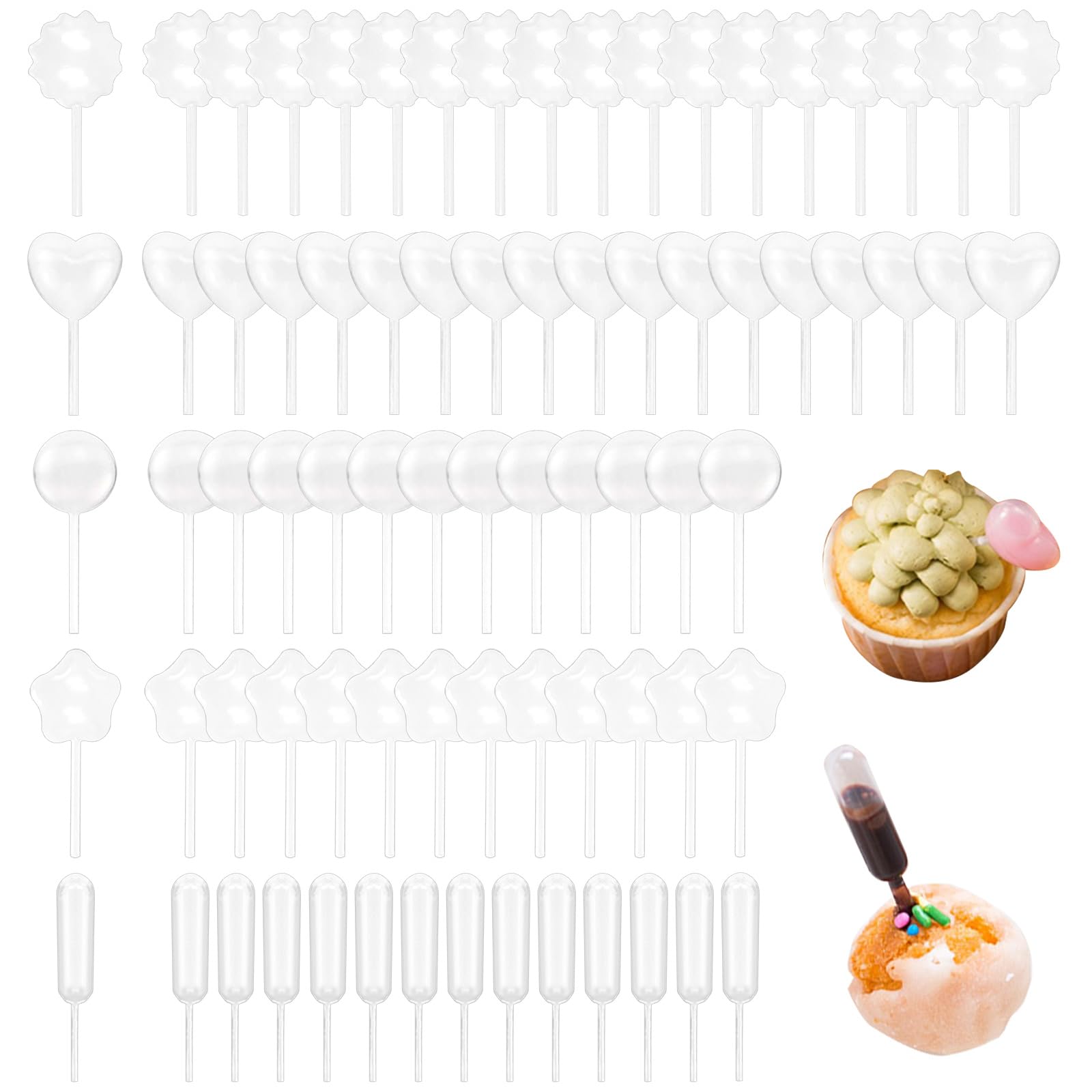 Swpeet 200Pcs 5 Styles 4ML Heart/Round/Star/Rectangular/Gear Mini Squeeze Transfer Cupcakes Pipettes Assortment Kit, Disposable Plastic Droppers for Cupcake Dessert Strawberries Chocolate
