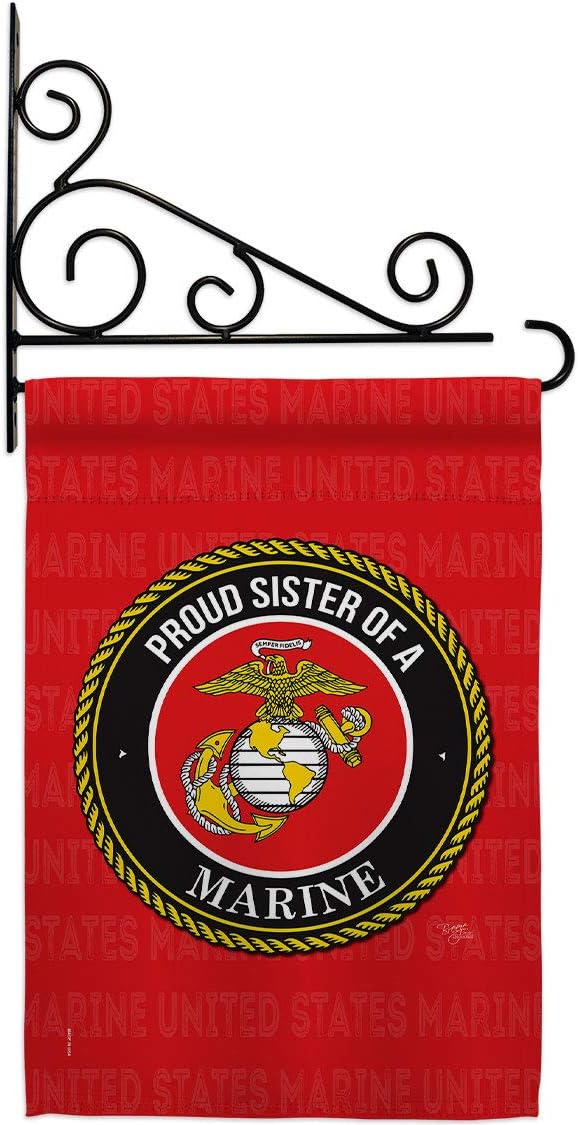 Proud Sister Marines Garden Flag Set Wall Holder Armed Forces Marine Corps USMC Semper Fi United State American Military Veteran Retire Official Small Gift Yard House Banner Double-Sided 13 X 18.5
