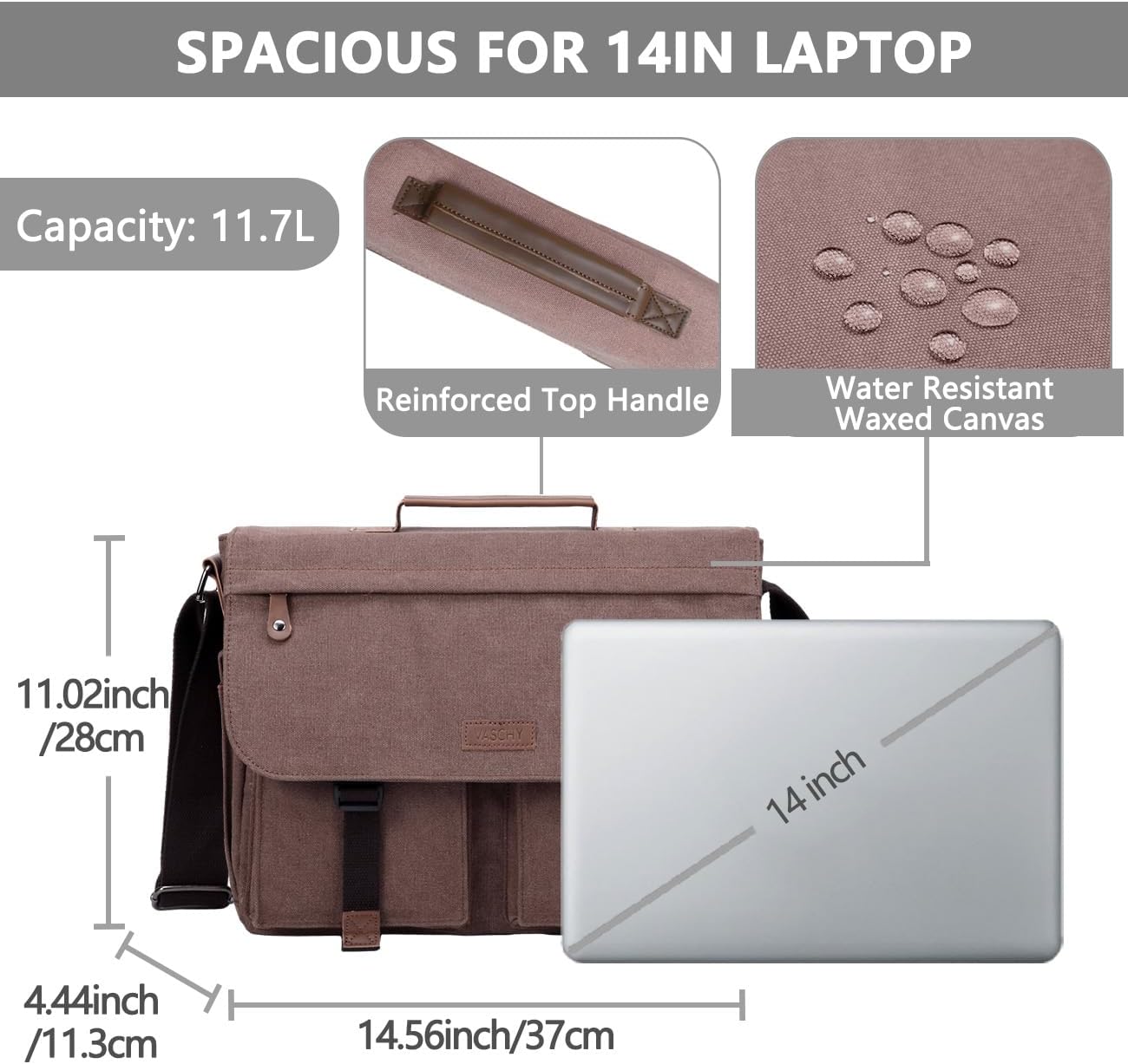 Messenger Bag for Men,VASCHY Vintage Water Resistant Canvas Satchel 14 15.6 17inch Laptop Briefcase - Image 3