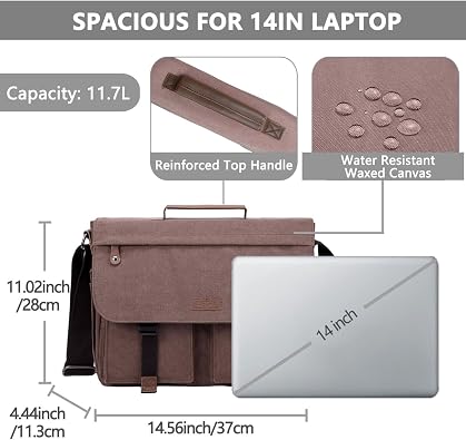 Messenger Bag for Men,VASCHY Vintage Water Resistant Canvas Satchel 14 15.6 17inch Laptop Briefcase