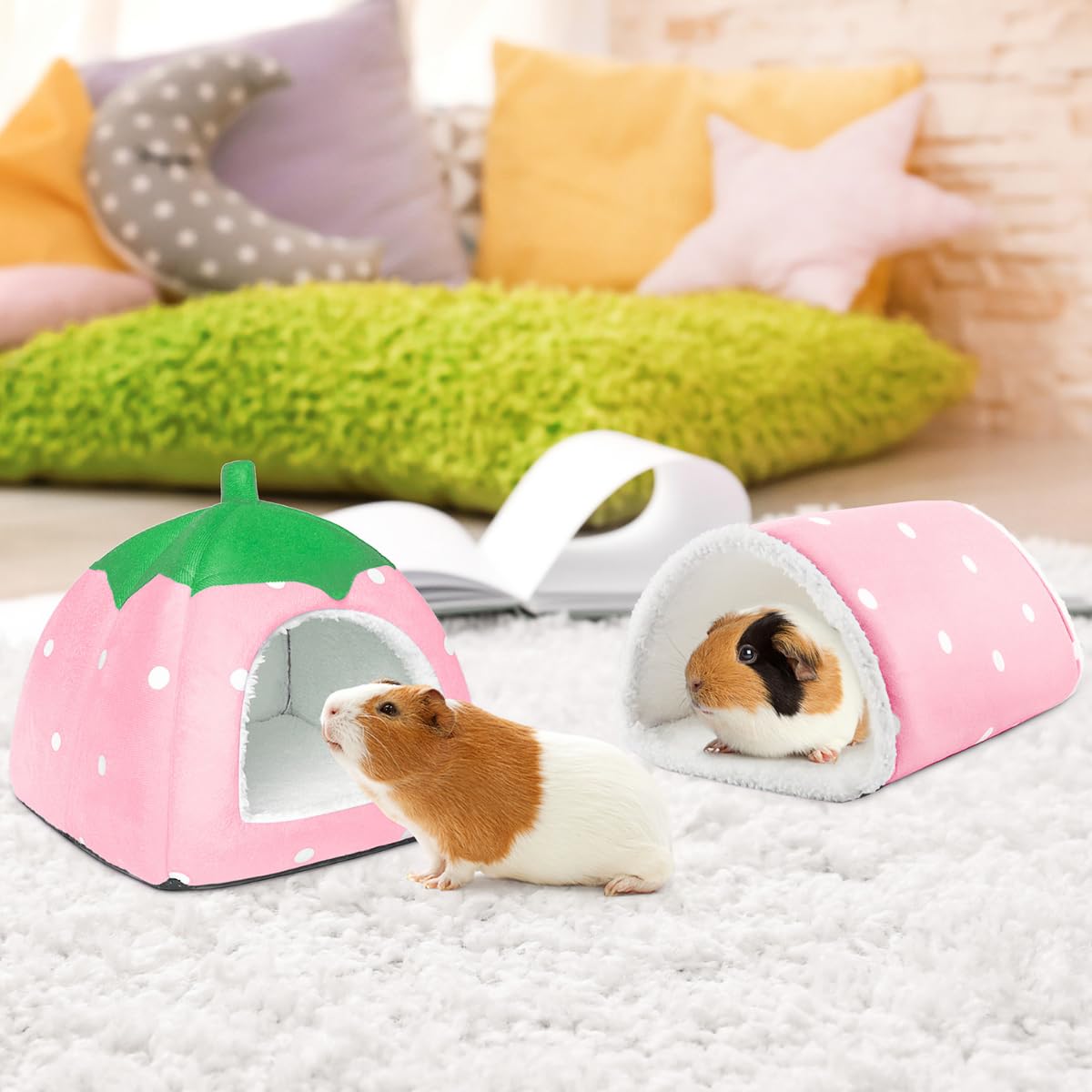 Meerschweinchenversteck mit Tunnel, waschbares Chinchilla-Hausbett, Fleece-Versteck Anreicherungsspielzeug und Käfigzubehör für Frettchen Igel Kleintier