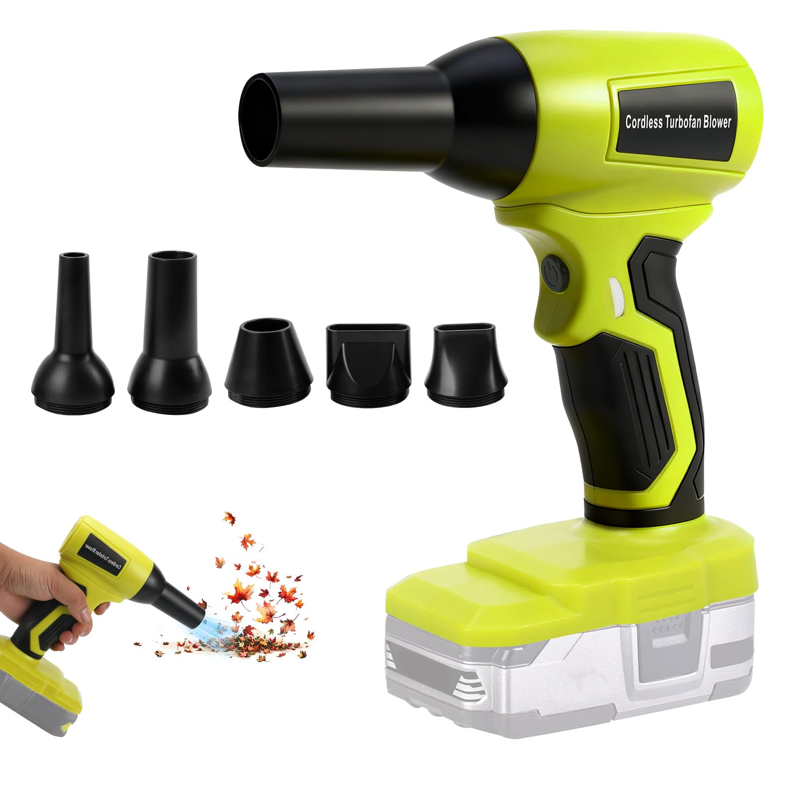 Kabelloses Blattgebläse für Ryobi, tragbarer Staubreiniger Handbürstenlose Gebläse 130000 U/min mit Verstellbarer Geschwindigkeit und 5 Düsen für Patio Room Home Reinigung Camping (ohne Batterie)