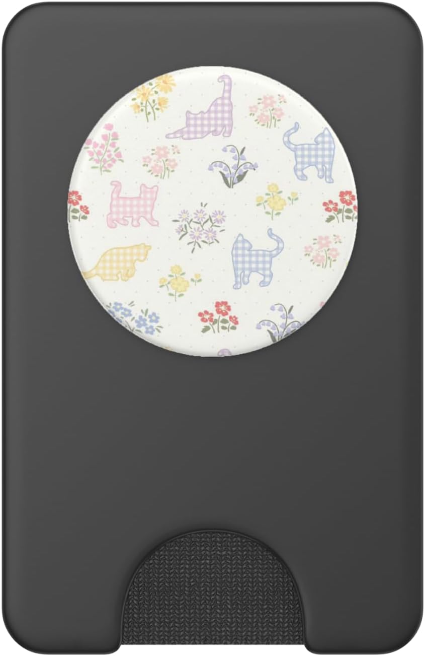 Pastel Gingham Cat Floral Pattern PopSockets PopWallet for MagSafe
