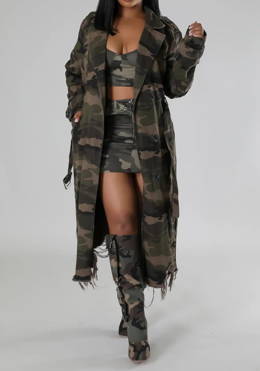 Geulis Women’s Camo Trench Coat Distressed Fray Hem Long Overcoat Army Fatigue Camouflage Jackets with Belt - Image 3