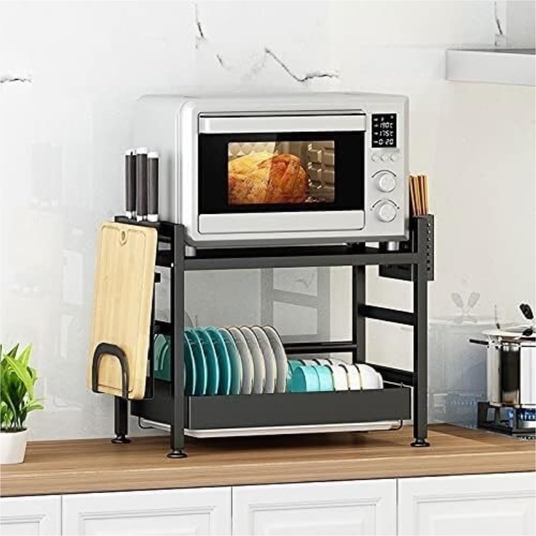 Soporte de acero al carbono de 2 niveles para microondas, estante de almacenamiento de cocina, color negro