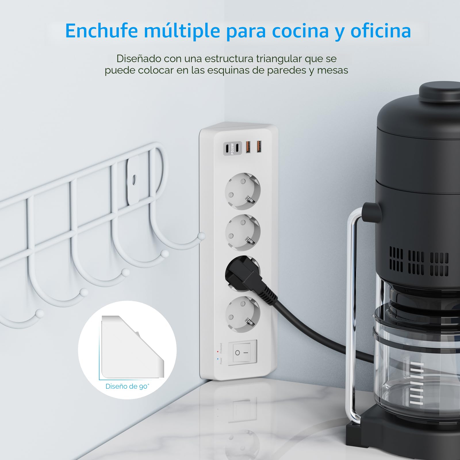 Regleta de 4 enchufes con USB C (PD 20W), SUDEERY 8 en 1 regleta de enchufes con 4 USB, regleta de enchufes con protección contra sobretensiones y 2 m de cable para la cocina (Blanco)