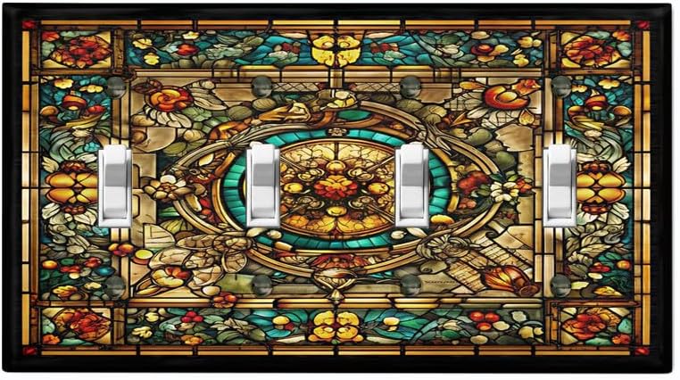 Metal Light Switch Plate Cover; Standard Size 4 Gang Toggle - Victorian Stained Glass Medallion GSS170