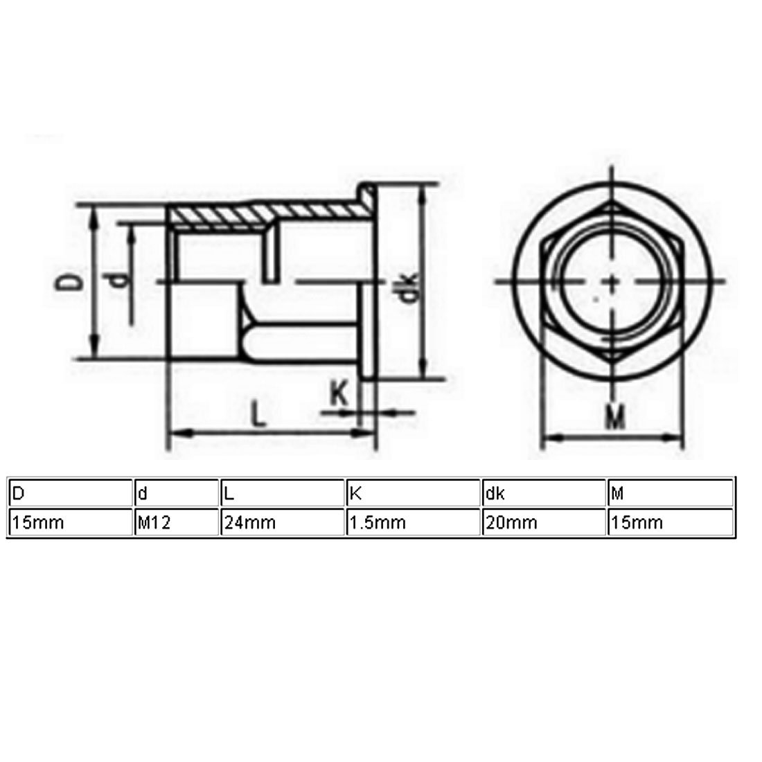 M12x24mm Zinc Plated Half Hex Body Flat Head Blind Rivet Nuts Fastener 100pcs (a15893e5fa0ccc44d0a3658d30a3246e)