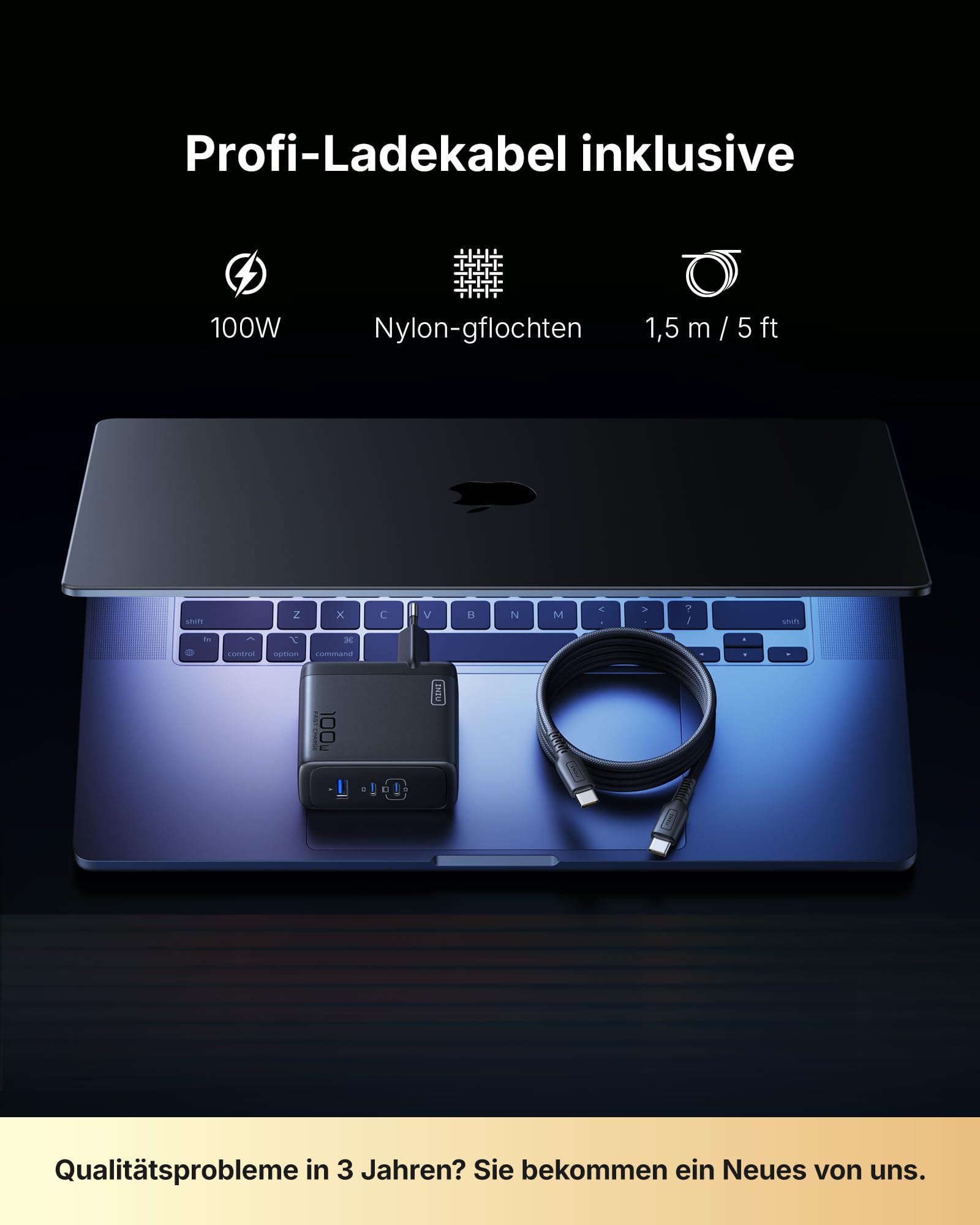 INIU USB C Ladegerät, 100W 3-Port Laptop Schnellladegerät mit USB C Kabel, GaN Mehrfach Netzteil für MacBook Air Pro, iPad, iPhone 17 16 15 Pro Max, Samsung Galaxy S25 S24 Ultra, Pixel, Switch 2 etc