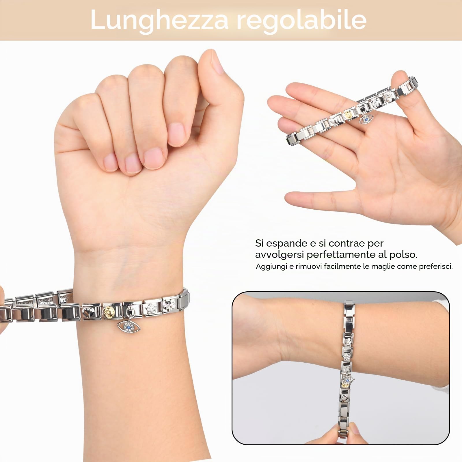 Johiux Italian Charm Bracciale da donna, con charm italiano, in stile italiano, con 5 ciondoli italiani, regalo per donne, fidanzate, regali personalizzati